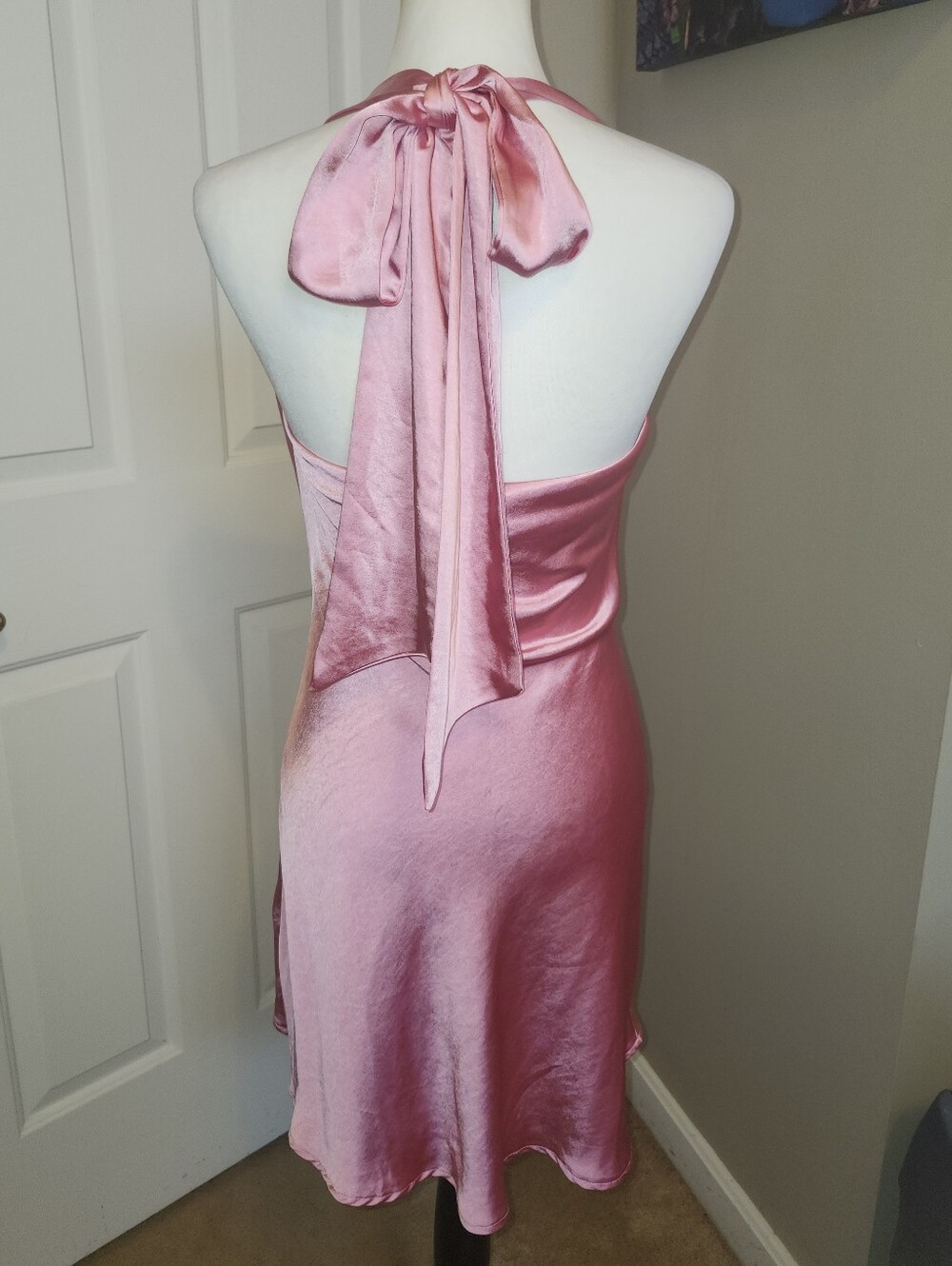 Altar'd State Pink Satin Cowl Neck W/ Tie Back Fit & Flare Mini Dress, XS - Picture 5 of 10